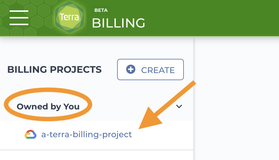 Screenshot of the billing projects page with the owned by you section highlighted and an arrow to the billing project a-terra-billing-project