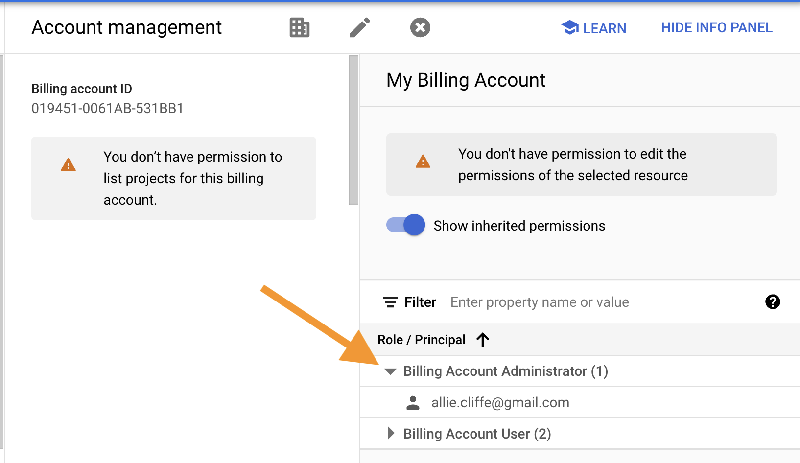 Screenshot of the billing account management pane with an arrow pointing to the account owner allie.cliffe@gmail.com under the Roles dropdown