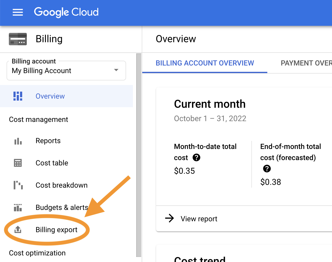 Screenshot of the Billing account overview page with a circle around the Billing exprt icon on the left column under the cost management section and the current month's summary spending of $0.35 month-to-date total and $0.35 end-of-month-total forecasted in the center