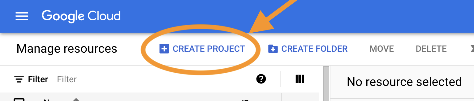 Screenshot of Google cloud concole with a circle around the create project button at the top