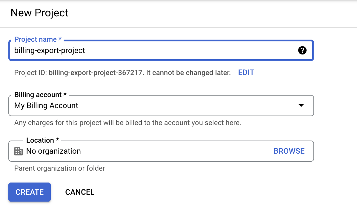 Screenshot of popup to create a project with 'billing-project-export' in the project name field, 'My billing account' in the billing account field, and 'no organization' in the location field