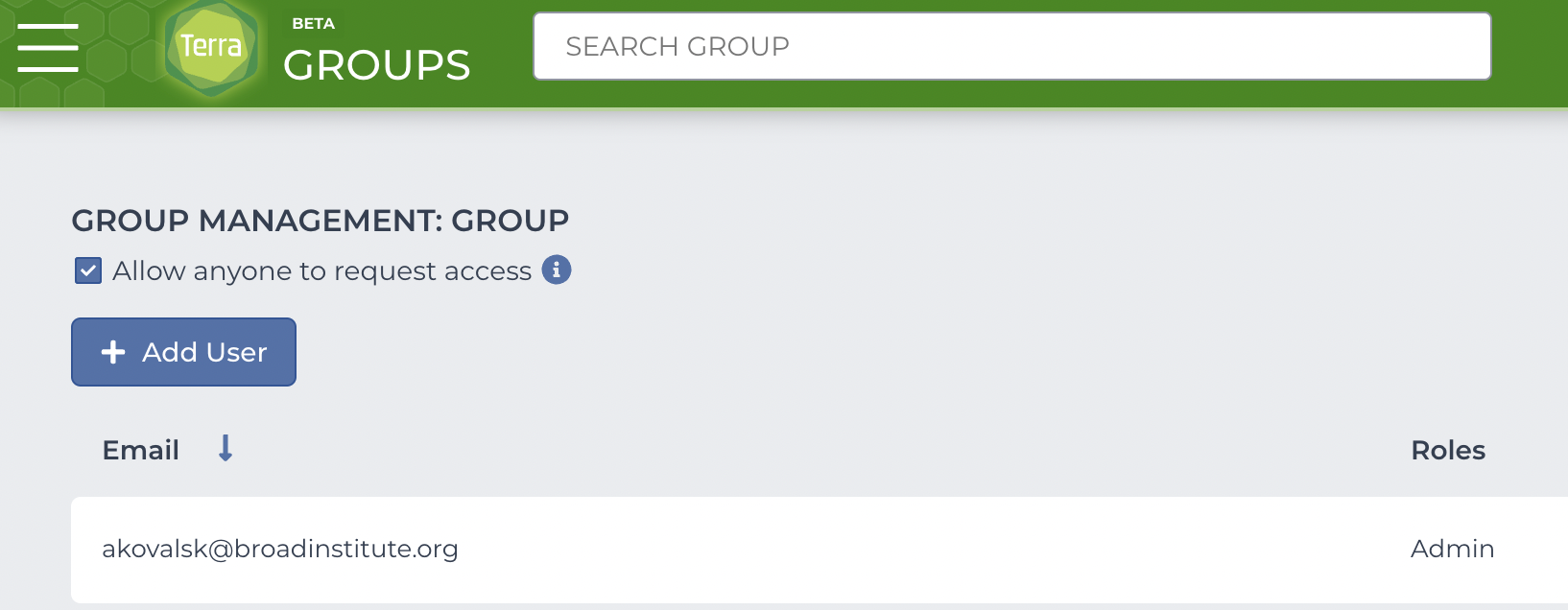 Closeup screenshot of group management page with the option to allow anyone to request access checkbox selected and the blue add user button above. One user email is listed with the role of admin.
