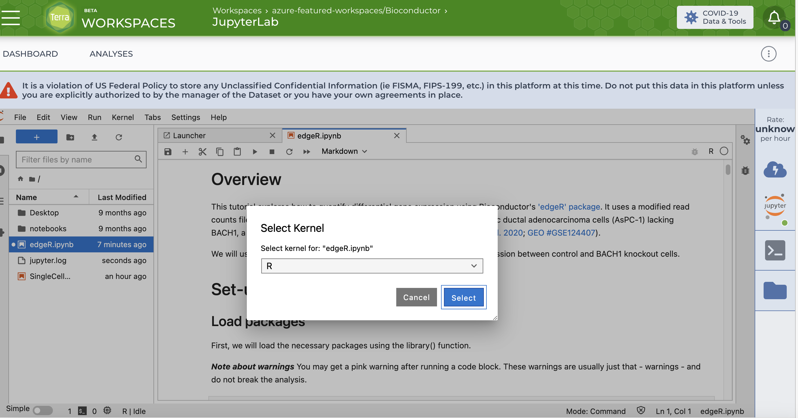Screenshot of the edgeR notebook in JupyterLab with a select kernel popup in the center and R in the select kernel field