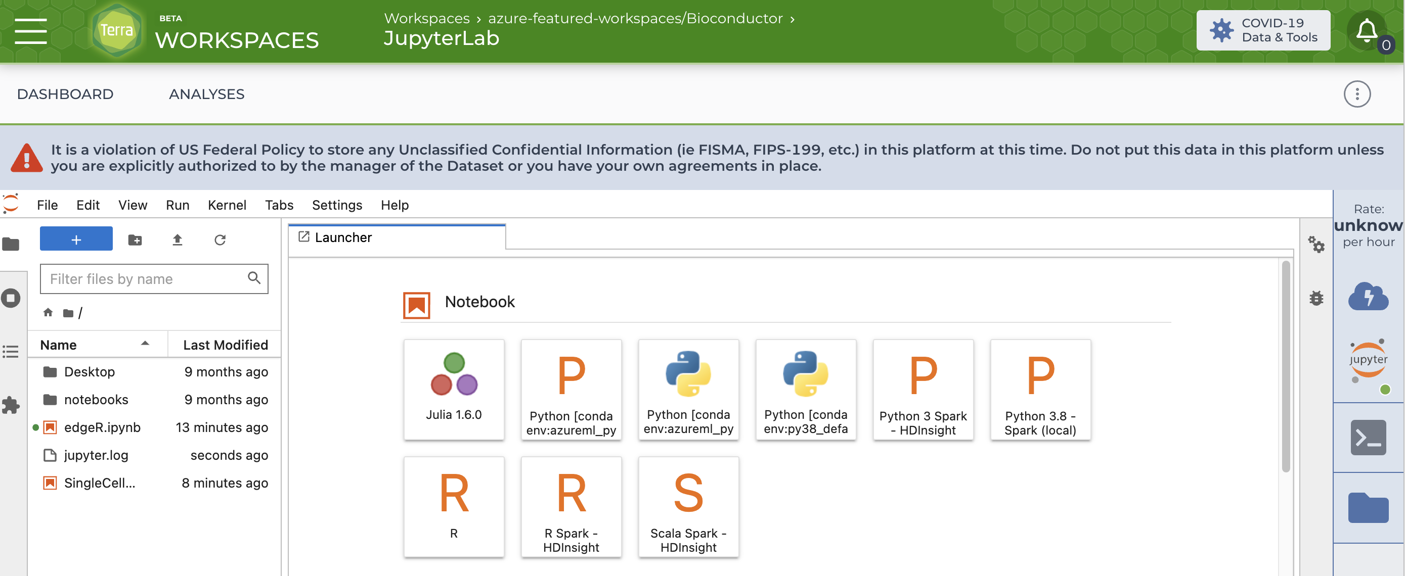 Screenshot of JupyterLab app in Terra, with the directory tree on the left and cards for nine notebooks in the center section