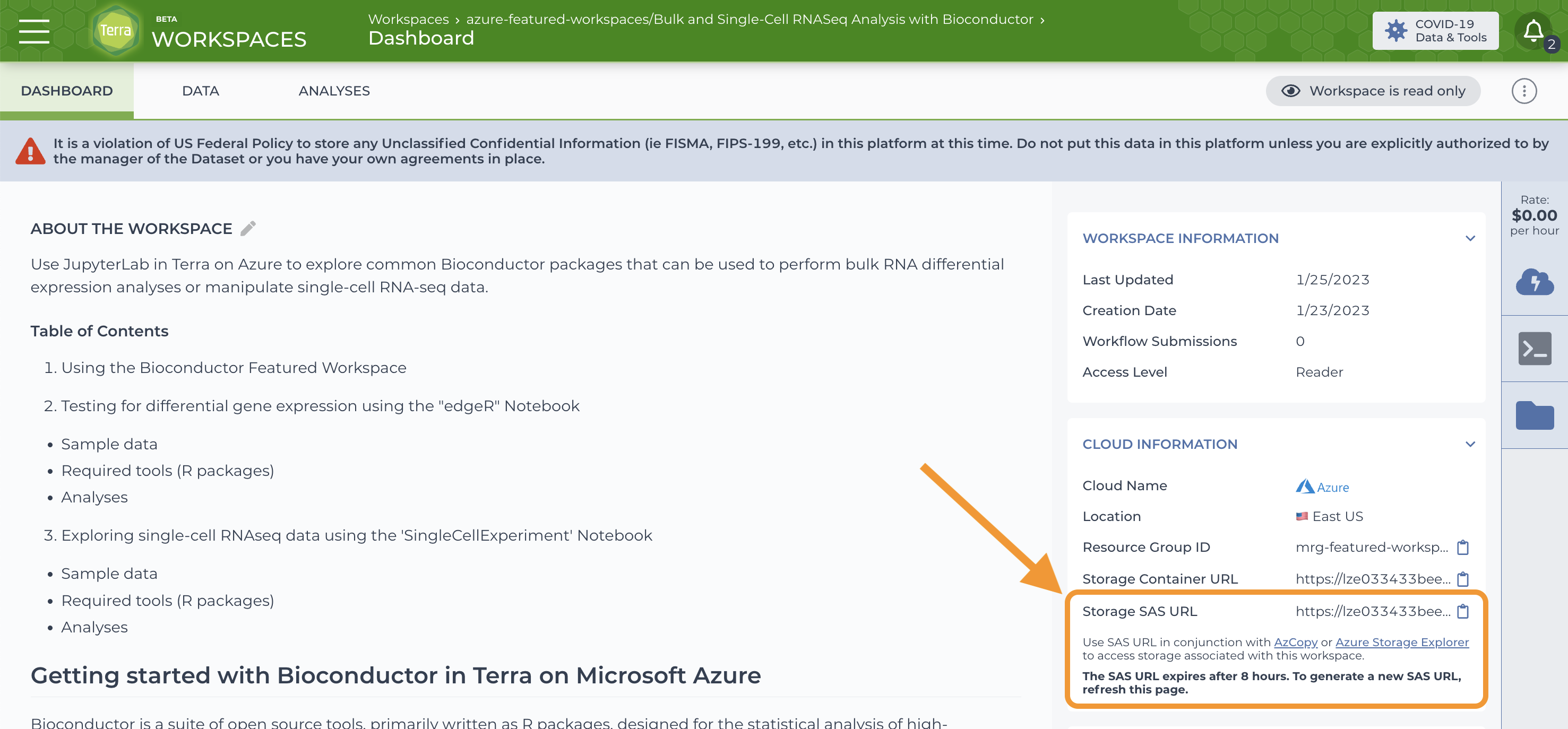 Screenshot of SAS token in Cloud Information section at right in the Dashboard of Terra on Azure workspace