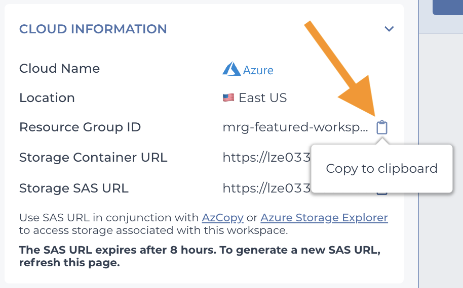 Screenshot of Cloud Information section of Terra on Azure workspace with copy-SAS-token-to-clipboard icon highlighted