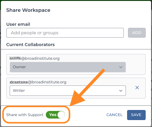 Screenshot of the Share workspace form highlighting the toggle to share workspace with support