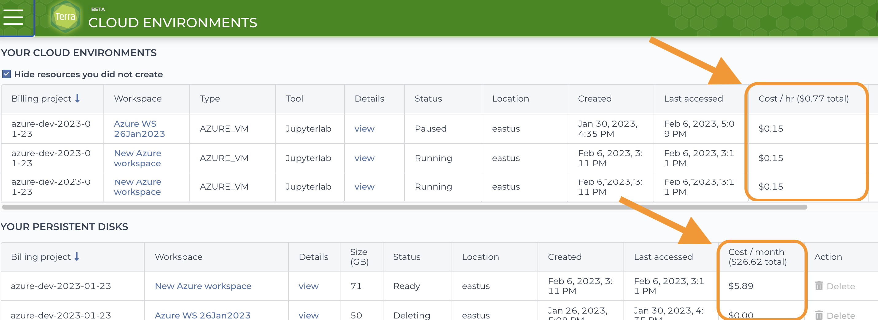 Terra-on-Azure_Cloud-Environments-page-with-resource-costs_Screenshot.png