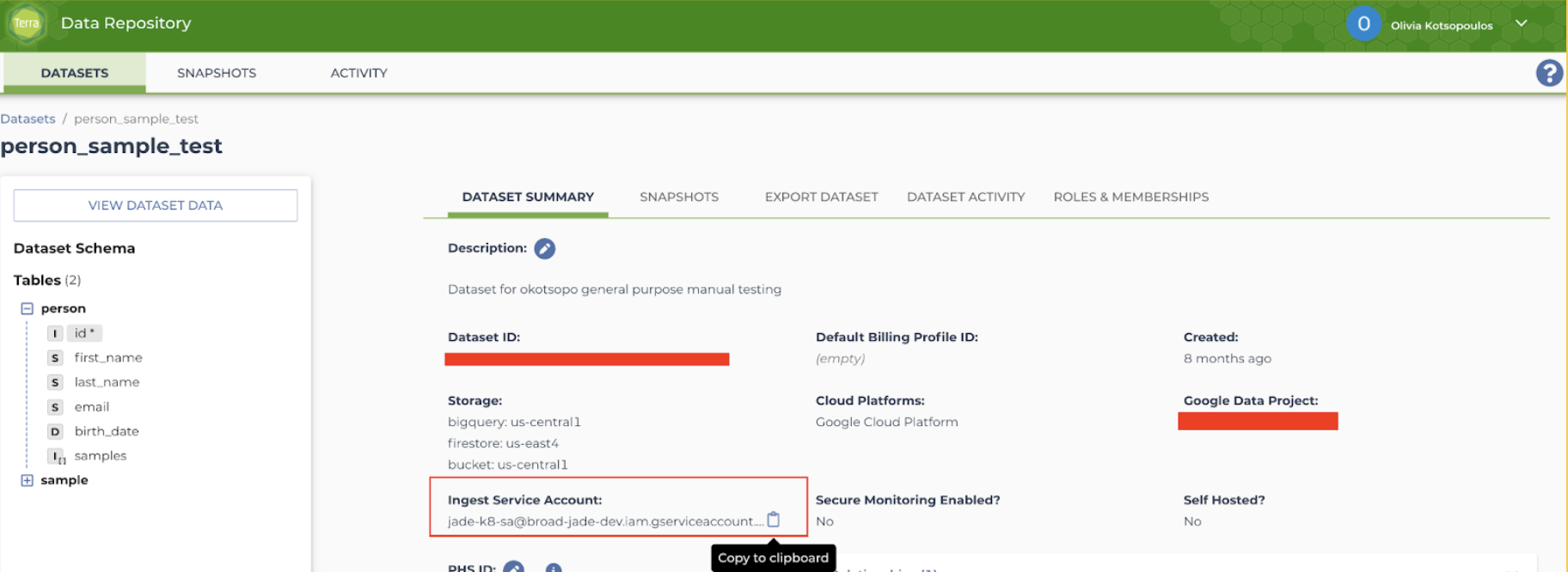 Screenshot of an example TDR dataset's summary page. A red rectangle highlights the ingest service account.