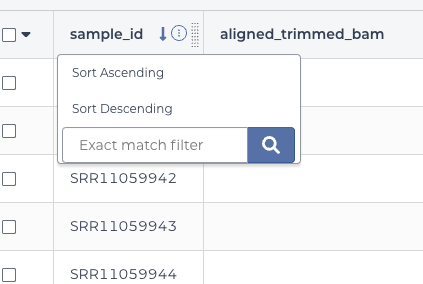 Screenshot of sample_id column of sample table with the three dot action icon clicked and the dropdown options to sort by ascending or descending order and a field to fill in to filter with an exact field match