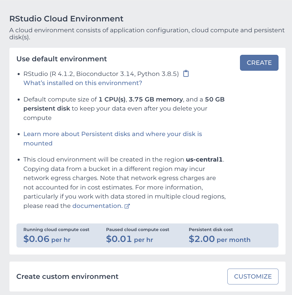 Screesnhot of default RStudio cloud environment pane listing the default values for software, VM and persistent disk sizes and types and location