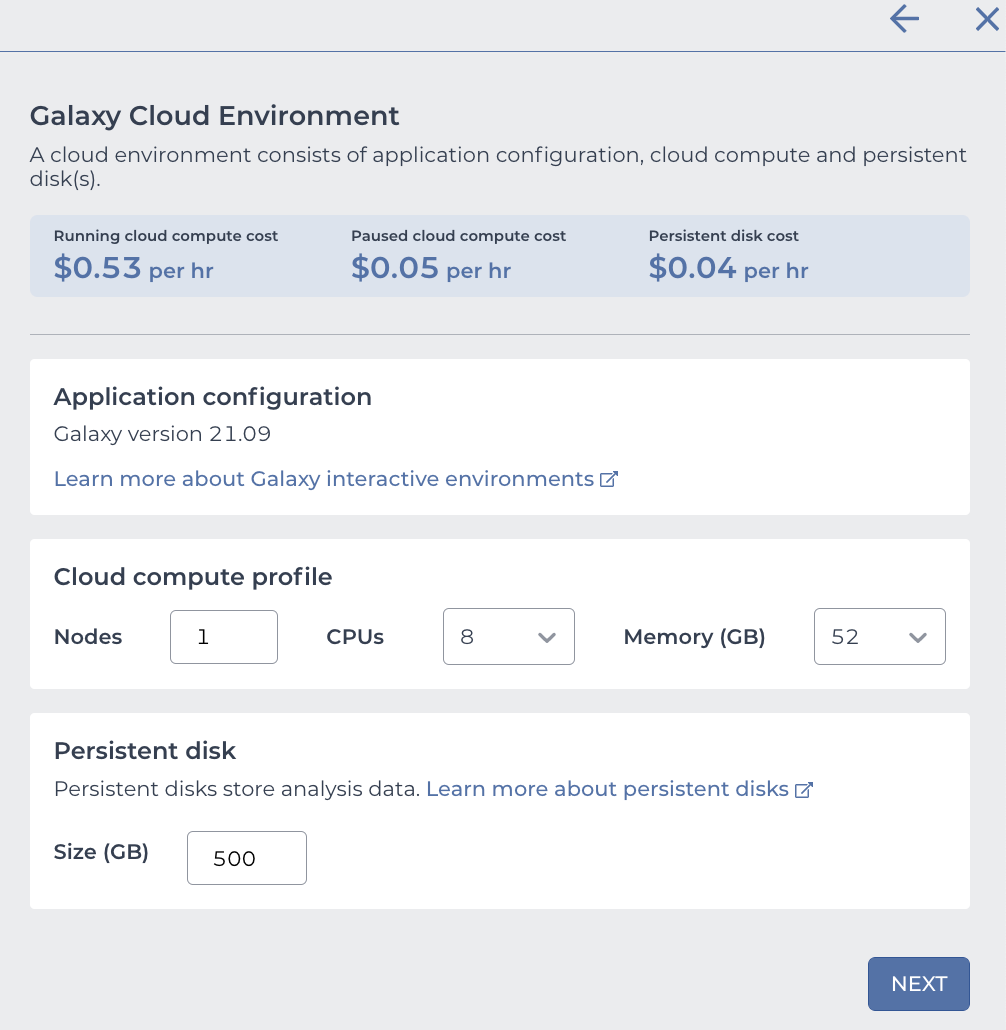 Screenshot of Galaxy Cloud Environment pane with the default Galaxy software and fields to select the cloud compute profile and persistent disk size and type