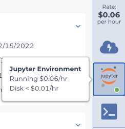 A green circle on the Jupyter icon in the right-side panel indicating that the Jupyter cloud environment is running.
