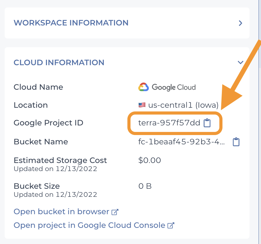 Screenshot of workspace dashboard with the Google project under the cloud information on the right hand side of the dashboard