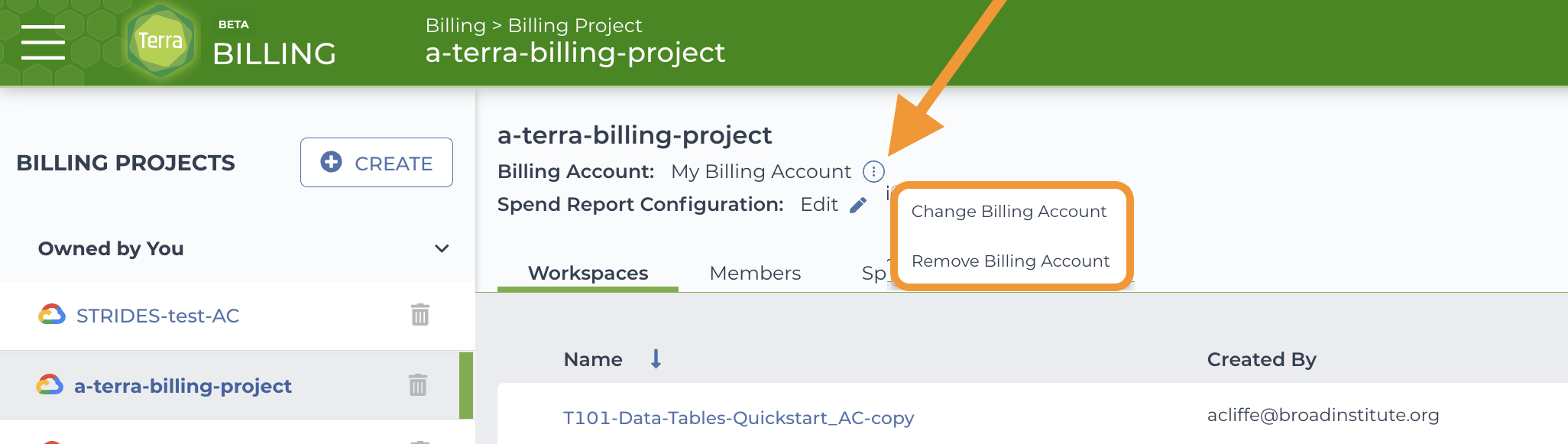 Screenshot of Terra billing page with text 'Remove billing account' highlighted