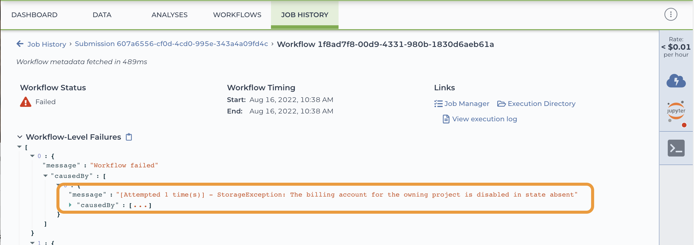 Screenshot of Job History page showing error message 'the billing account for the owning project is disabled in state absent'