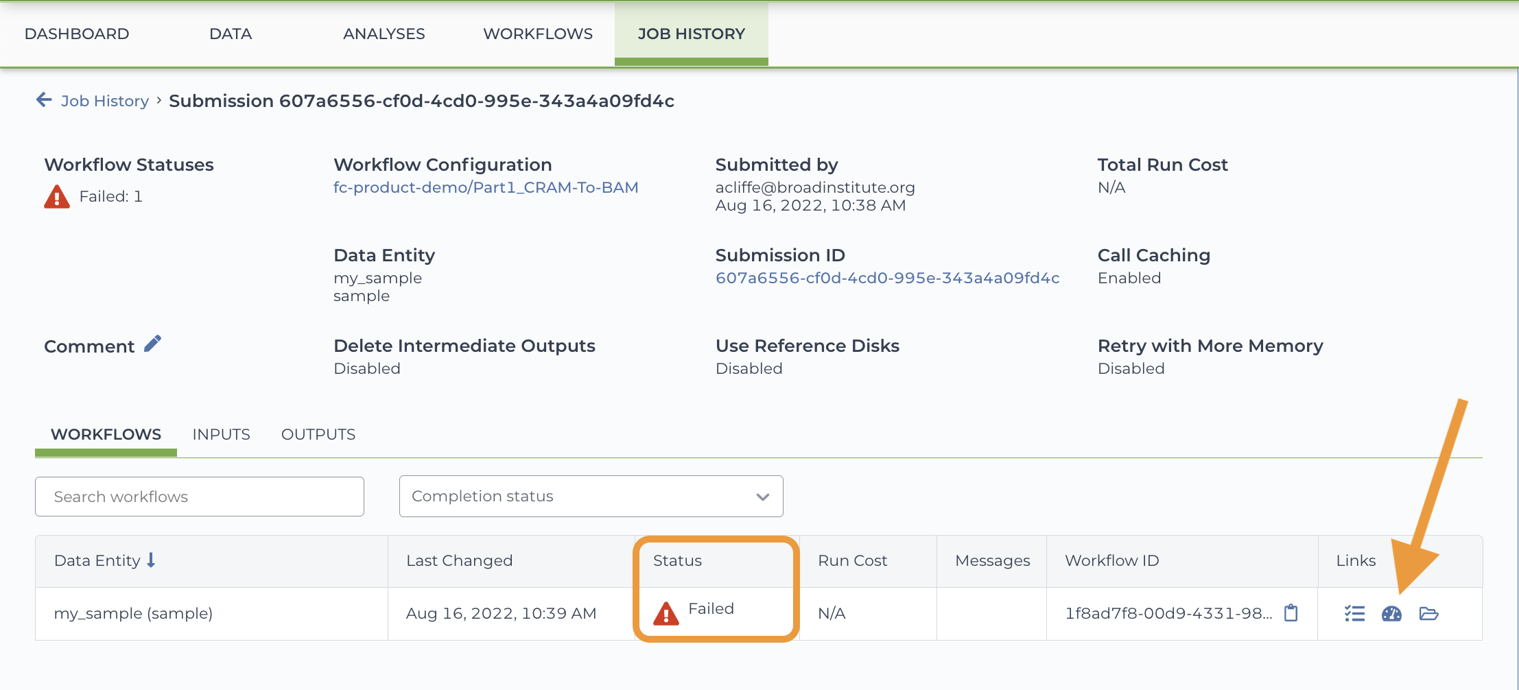 Screenshot of Job History page highlighting the red exclamation point icon failed status and an arrow pointing to the dashboard icon in the center of three icons under links
