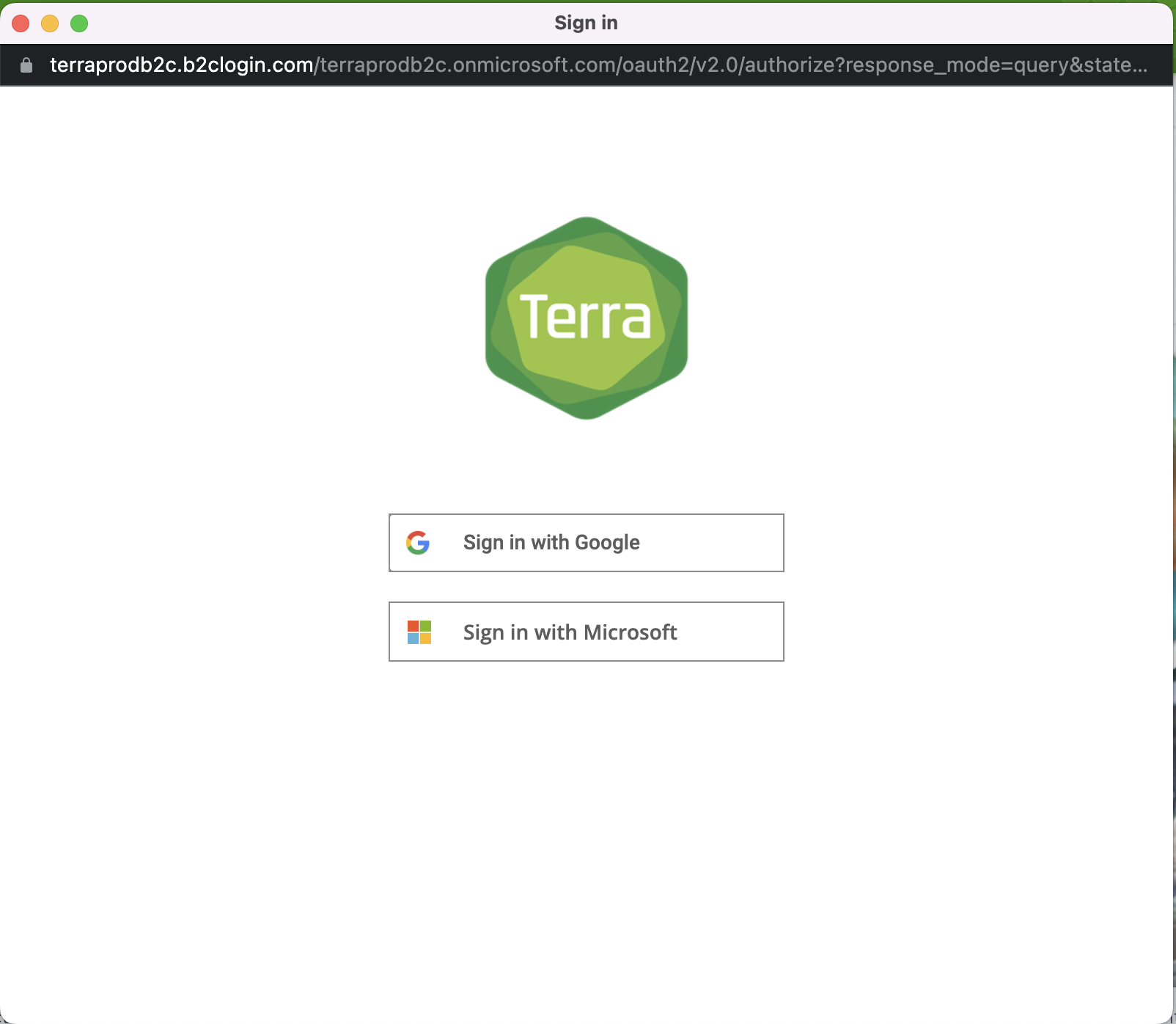 Screenshot of the single sign on popup with options to sign in using Google or Microsoft below the Terra logo