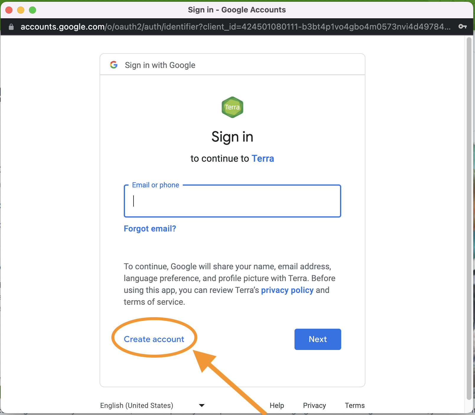 Screenshot of the sign in with Google popup with a blank field for email or phone number at the top and a blue next button at the bottom right. The create account link at bottom left is circled