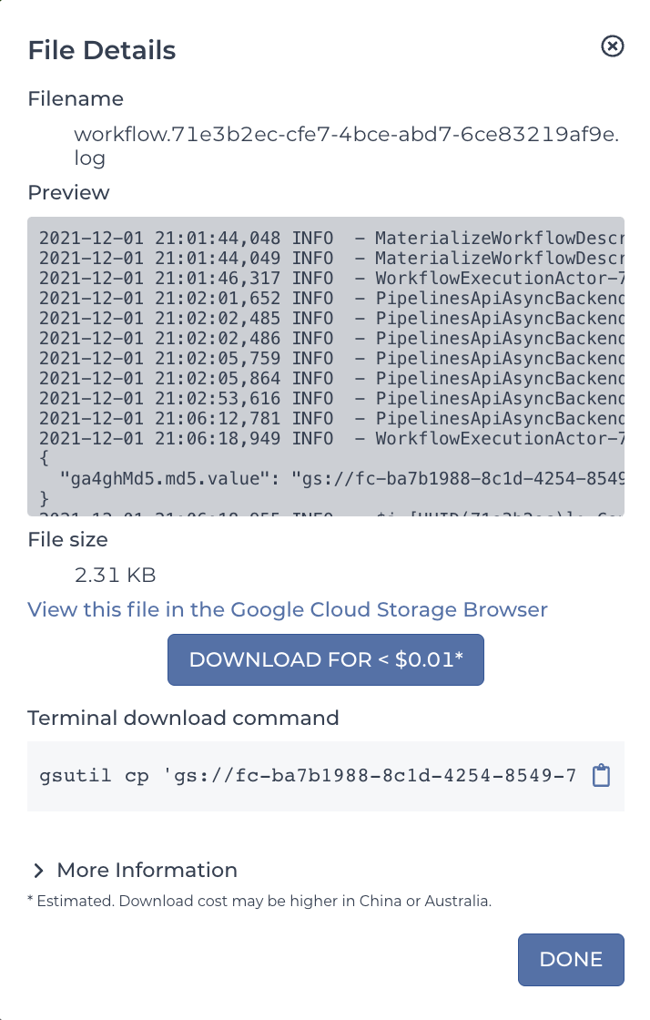 Screenshot of a pop-up window that appears when clicking on a file linked from a data table. The window lists the file's name, a preview of its contents, and the cost of downloading it. In addition, there are two ways to download the file: a button that says 'Download for <$0.01' and a copyable terminal command.