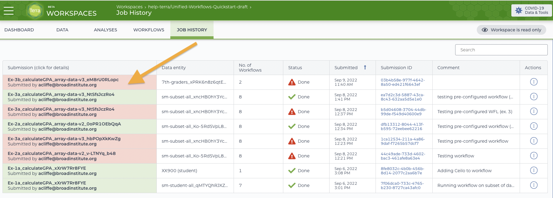 Screenshot of Job History page with an arrow to a row with a failed submission under the Submissions (click for details) collumn at left