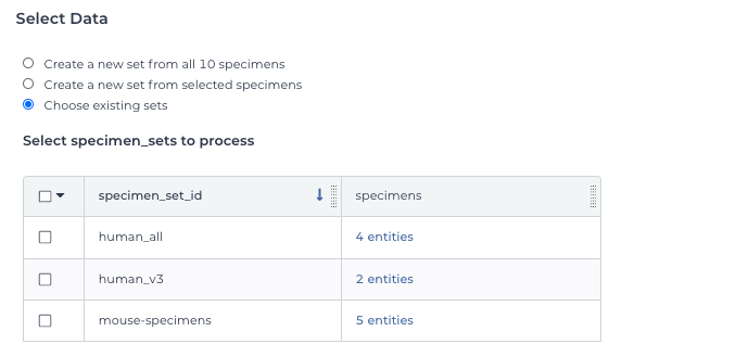 Screenshot of select data popup with the radio button choose existing sets selected and three sets listed below in the column specimen_set_id
