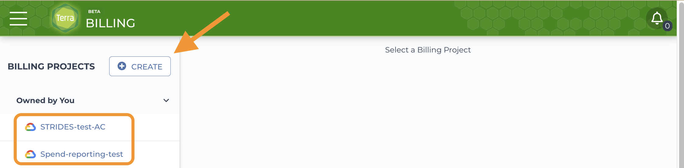 Screenshot of Terra Billing page with Create button highlighted with an orange arrow and Billing projects 'Owned by You' circled in orange.