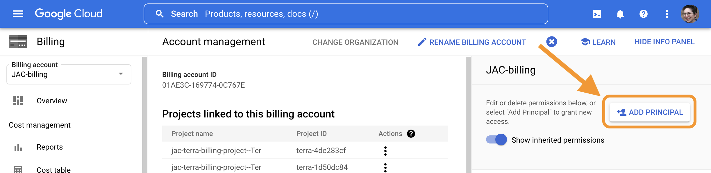 Screenshot of Google Cloud Account management screen for 'JAC billing' on Google console with Add principal button on right circled.