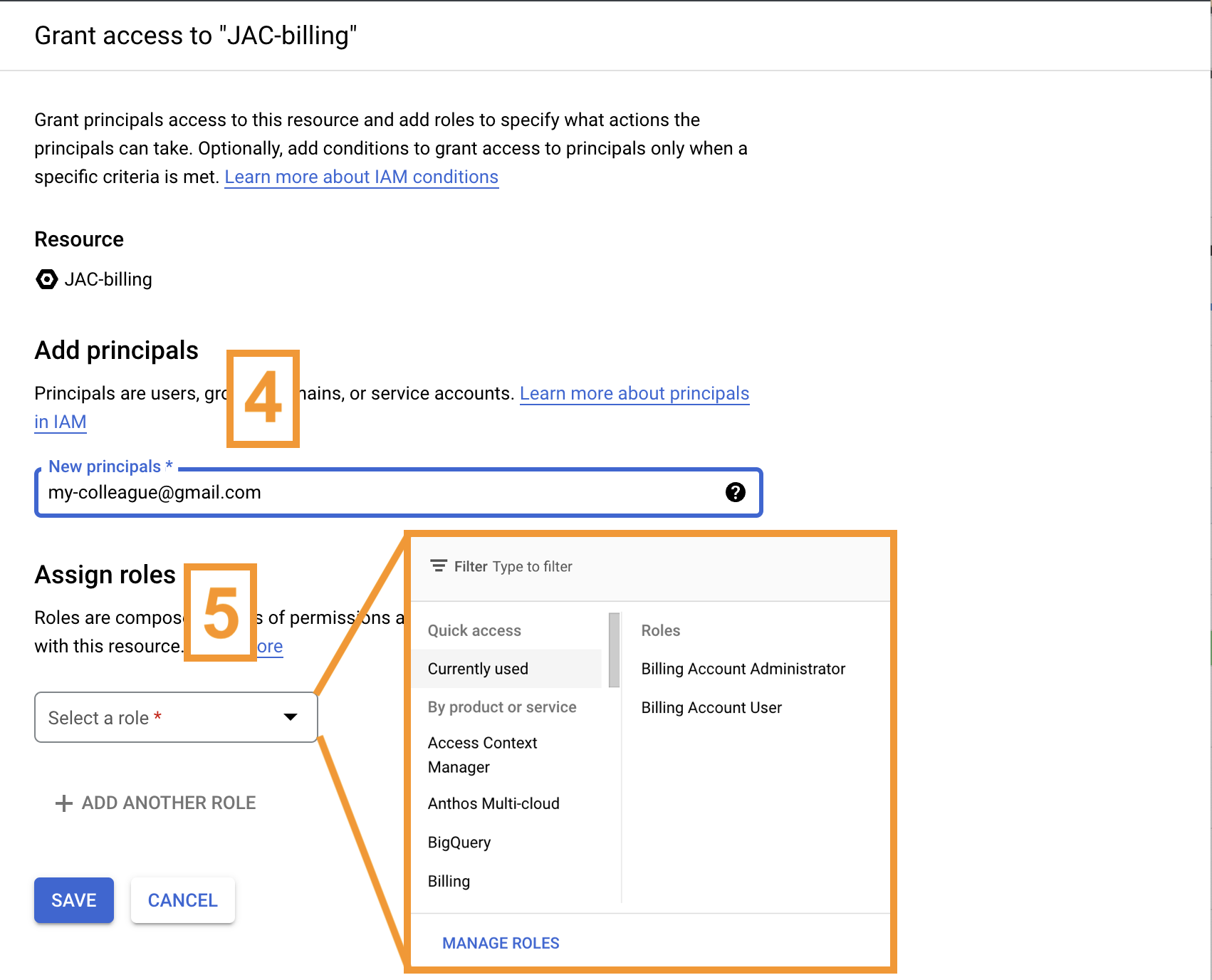 Screenshot of 'Grant access' popup on Google console with 'New principals' field highlighted (step 4) and 'Assign role' dropdown expanded. The roles dropdown includes Billing account administrator and Billing Account User (step 5).