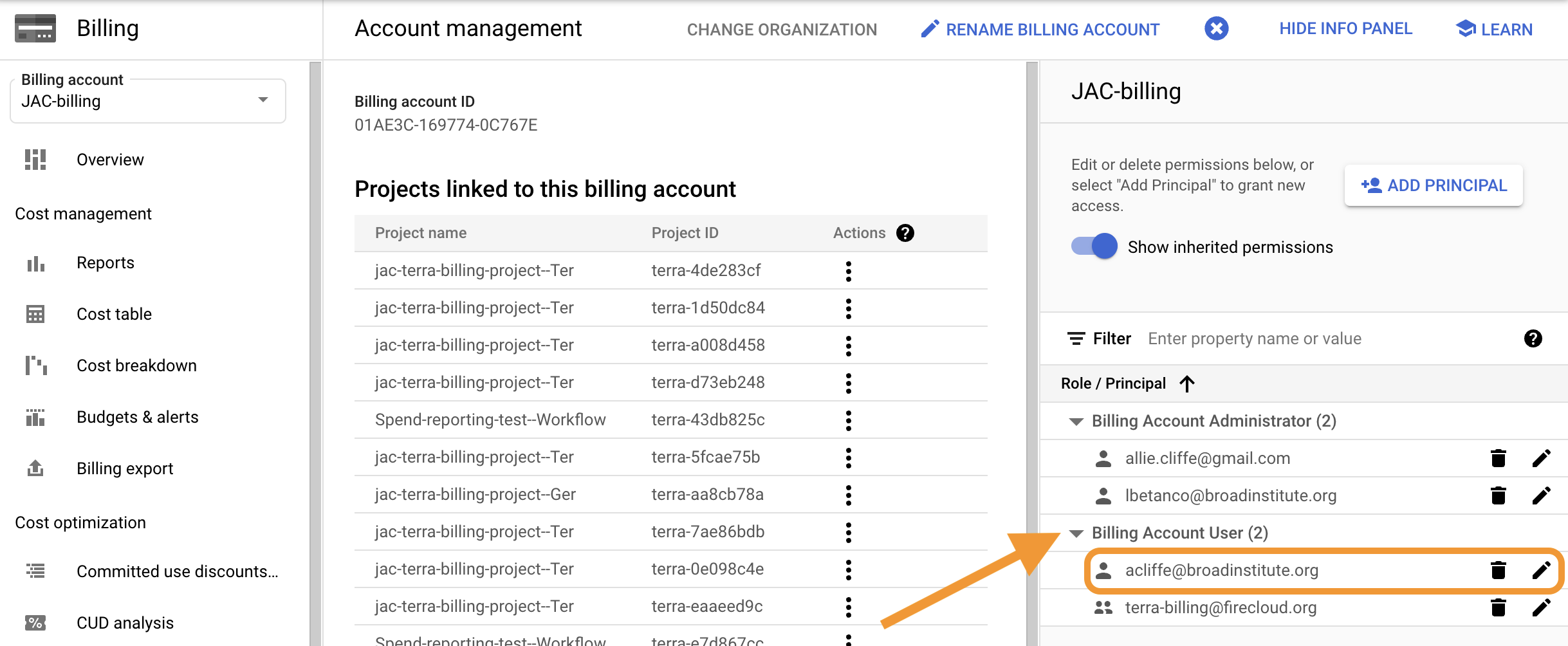 Screenshot of Account management page on Google cloud console with 'Billing Account User' section (at right) expanded and pencil icon next to user acliffe@broadinstitute.org circled.