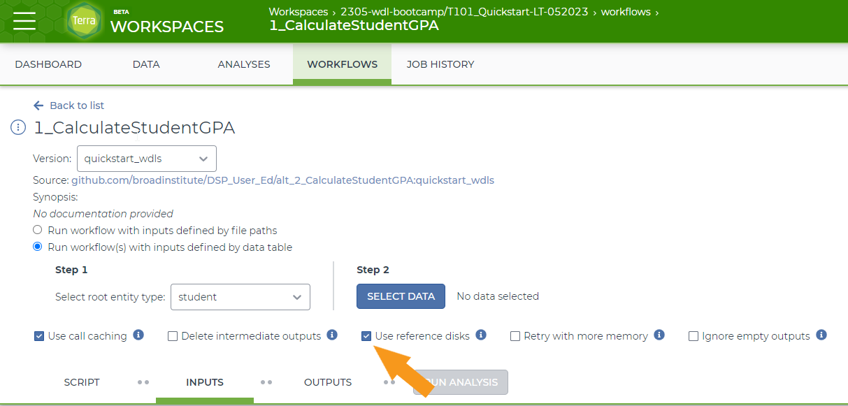 Screenshot showing how to check for a relevant reference input when running a workflow. An orange arrow highlights the check-box labeled 'use reference disks'. Check this box to check when setting up the workflow to indicate that your workflow should check for available reference inputs.
