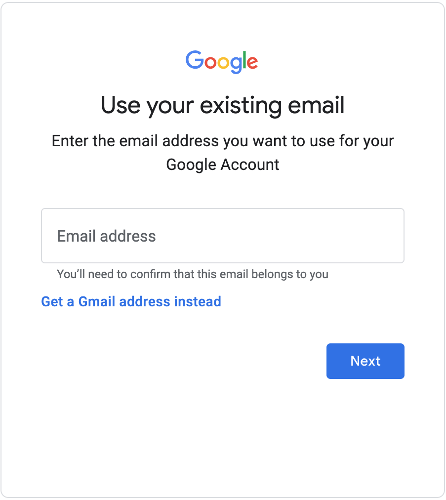 Screenshot of Google signup page with 'Use your existing email' at the top and a field where you can enter your email address