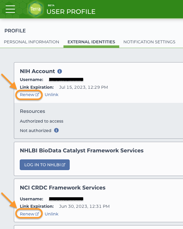 EXTERNAL IDENTITIES tab in the Profile page with the Renew options highlighted under the NIH account link and the CRDC account link.