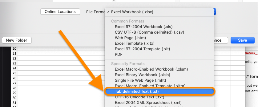 Screenshot of spreadsheet editor with the option tab delimited text circled in the file format dropdown