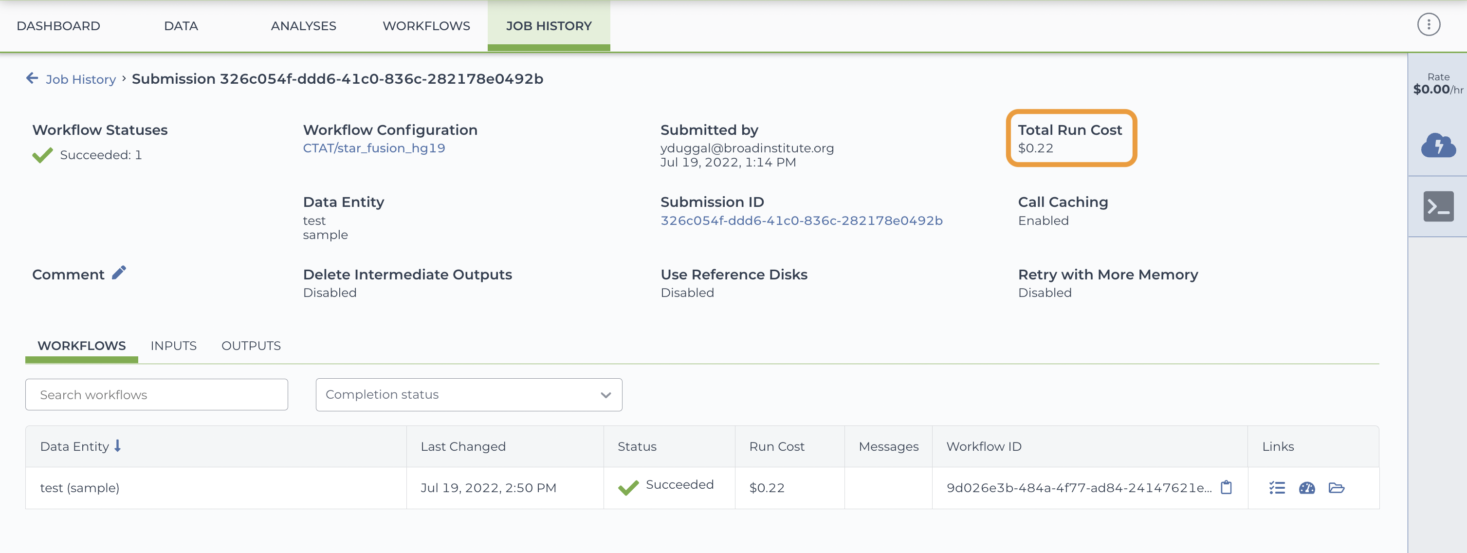 Screenshot showing detailed information about an individual workflow submission. An orange rectangle highlights the section that displays the cost to run this submission.