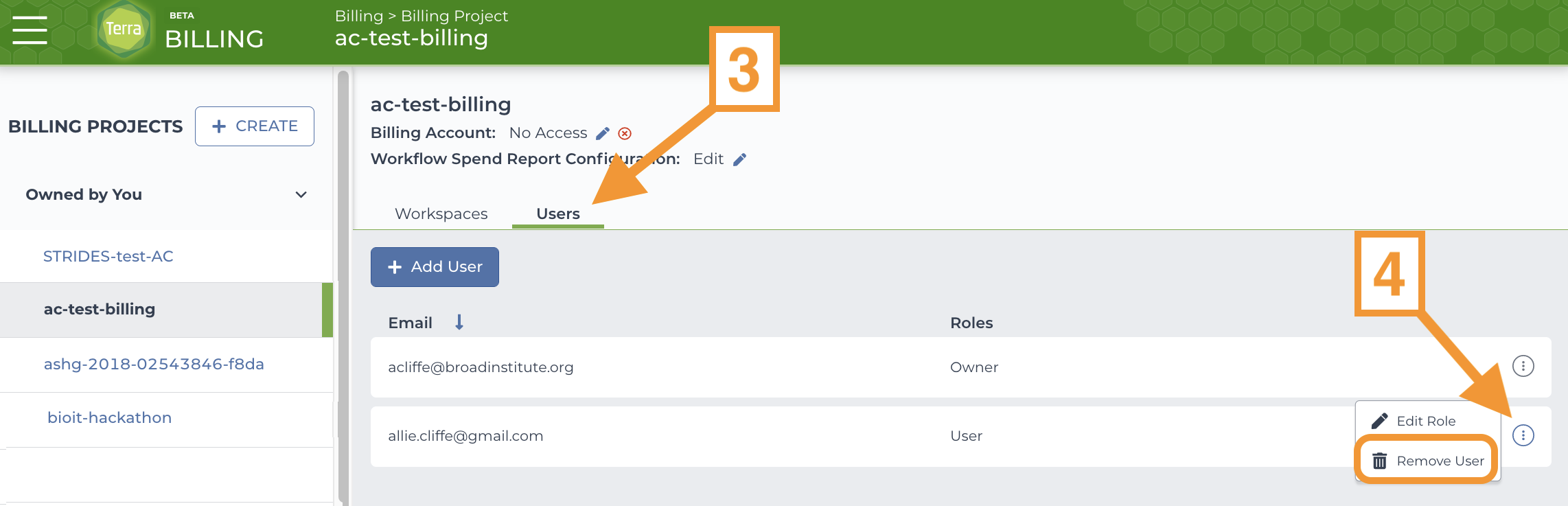 Screenshot of Terra Billing project summary page with arrow pointing to Users tab (step 2.3) and arrow pointing to three vertical dot icon to the right of the workspace name (step 2.4). The trash can icon to 'Remove user' is circled
