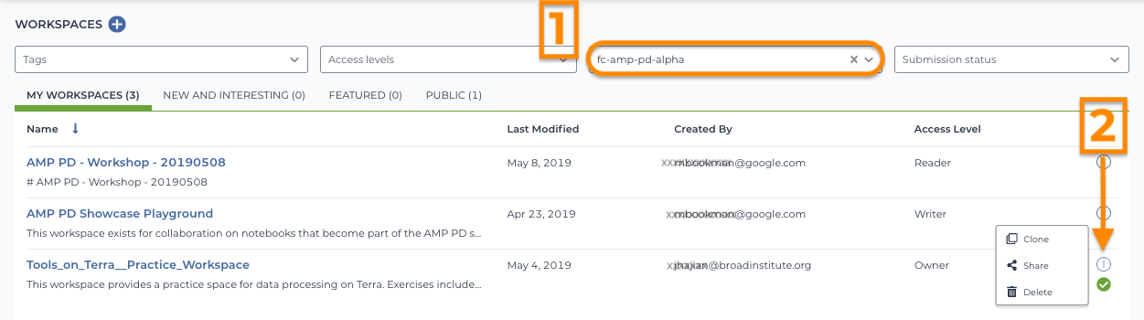 Screenshot of workspaces page with 'Filter by' dropdown at top of form circled (step 1.1) and three vertical dot icon to the right of the workspace name expanded and highlighted (step 1.2).