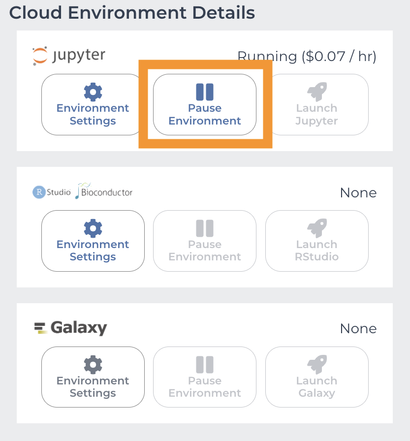 Screenshot of the Jupyter Cloud Environment Details pane whighlighting the pause environment button at the top middle