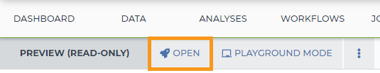 Screenshot showing the button used to open a Jupyter notebook. An orange box highlights the open button, which is also marked with a rocket icon.