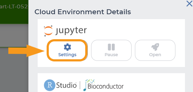 Screenshot showing the Settings button for the Jupyter Cloud Environment. The button is located beneath a Jupyter icon and is marked with a gear icon. The button is highlighted by an orange box and an orange arrow.