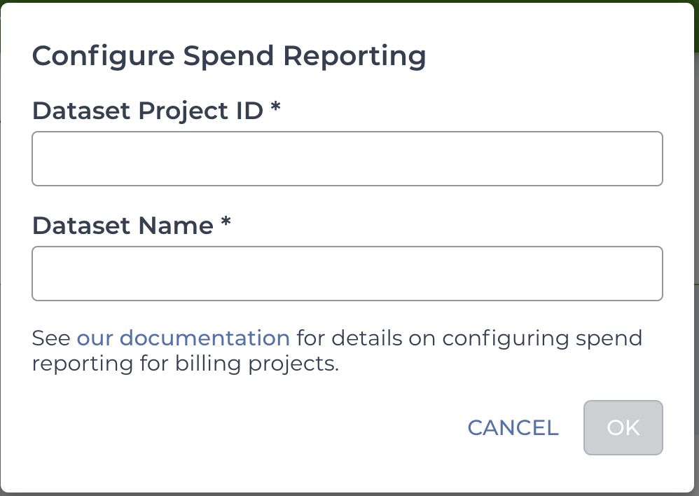 Screenshot of blank 'Configure spend report' form with fields for the dataset project ID and the Dataset Name