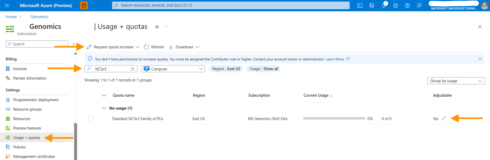 Screenshot of Azure portal with arrows pointing to usage abd quotas in the left column under settings, the pencil icon at the top center left to request quota increase, the NCSv3 option beside the compute dropdown, and the pencil icon beside the Yes on the right hand side of the Standard NCSv3 family vCPUs - GPUs-in-Terra-on-Azure_Azure-portal-Screenshot.png
