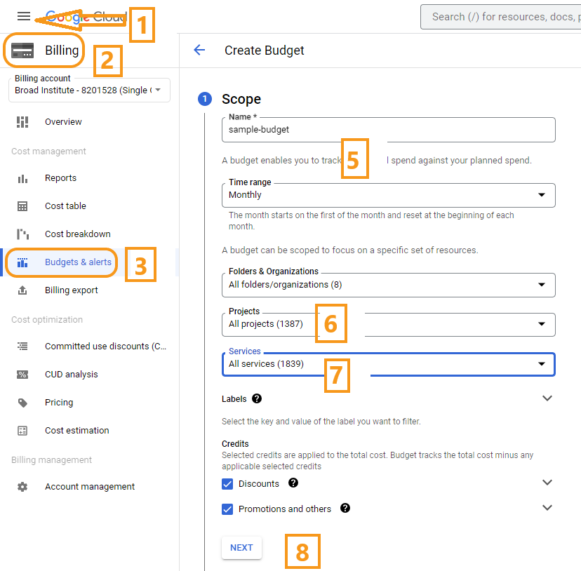 Screenshot showing the form used to specify a new budget's scope. Orange numbers point out the steps laid out below: (1 & 2) navigate to the Billing menu through the main Google Console menu; (3) select Budgets and alerts; (4) (not pictured) click Create Budget; (5) provide the budget's name and time range; (6) select the budget's Terra project; (7) select the services you want to include in the budget; (8) click Next.