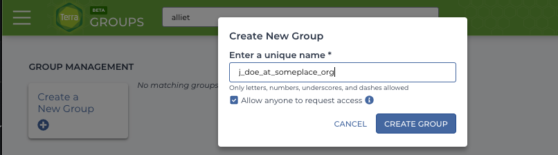 Screenshot of the Create a New Group popup with j_doe_at_someplace_org in the enter a unique name field
