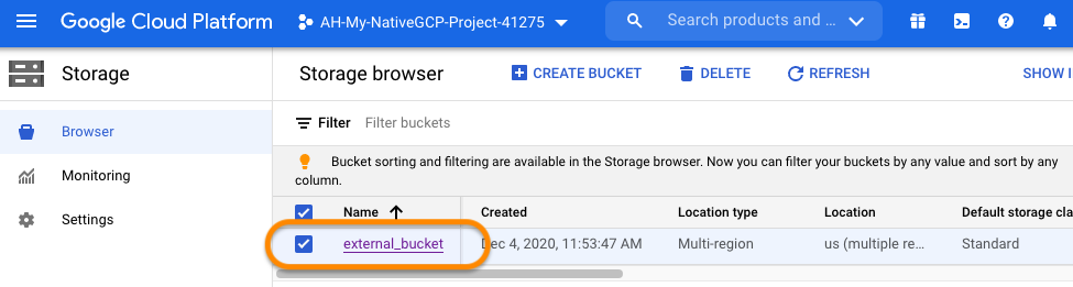 Screenshot of storage browswer in GCP console with 'external-bucket' selected and circled for emphasis