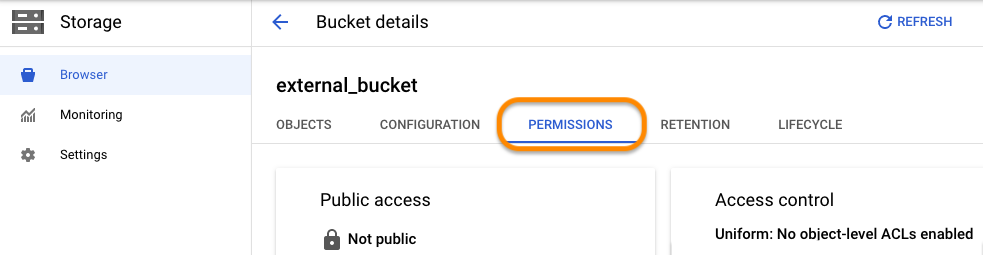 Screenshot of Storage bucket details for 'external-bucket' on GCP with the Permissions tab