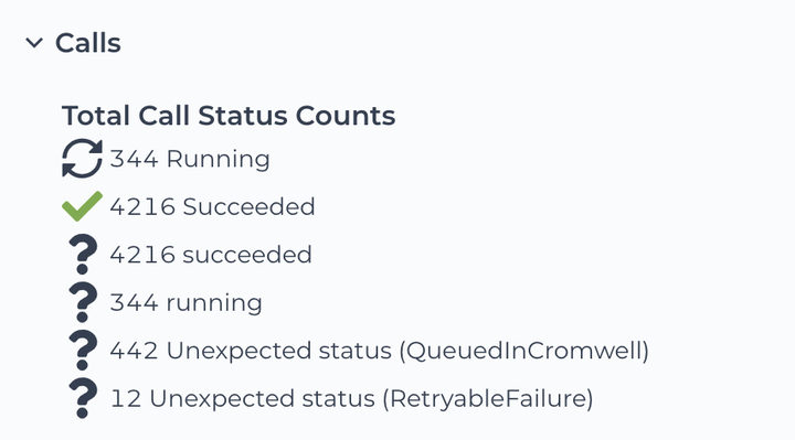 Screenshot showing the 'Calls' menu, which displays the status for the individual workflows in an example submission. In this example, some jobs are held in a separate queue while waiting for other jobs to run. The status message indicates that 344 jobs are running, 4216 have succeeded, and 442 have an 'unexpected status (QueuedInCromwell)'.