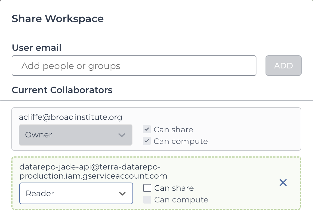 Screenshot of share workspace modal with current collaborators acliffe@broadinstitute.org - owner - and the service account datarepo-jade-api@terra-datarepo-production.iam.gserviceaccount.com as a reader
