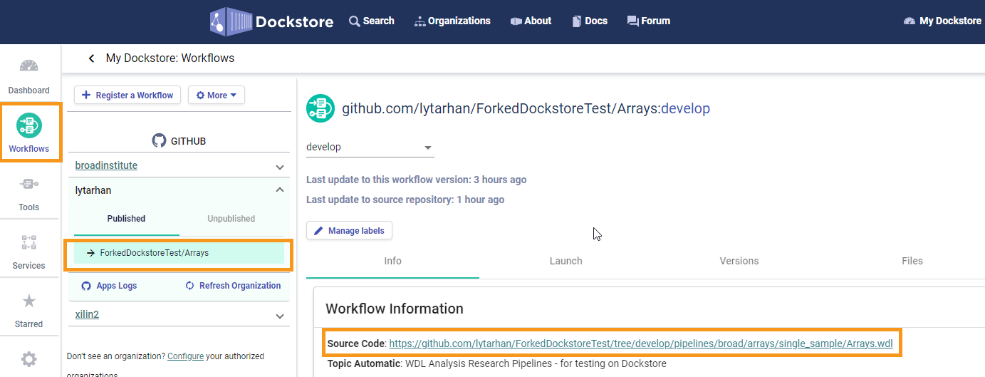 Screenshot showing an example My Dockstore screen on the Dockstore website. Orange rectangles highlight (1) the Workflows button on the left-hand panel, (2) an individual workflow, and (3) the Source Code link for that workflow. Click (1) and (2) in order to see (3).
