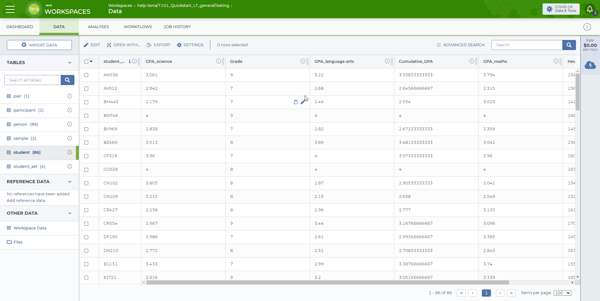 Screen capture showing how to change the order of the columns in a Terra data table. The user clicks on the 'Settings' button at the top of the table, chooses which columns to view, and re-arranges the columns by dragging and dropping the column names into the preferred order.